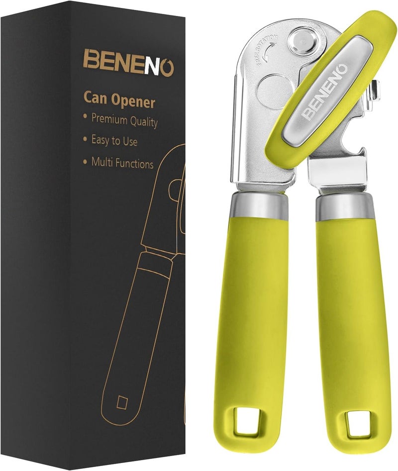 Beneno Heavy Duty Hand Can Opener Manual with Magnet, Durable Sharp Carbon Steel Blade Smooth Cutting, Big Effort-Saving Knob & Soft Grip Handle, Multifunctional Bottle Opener, Lime Green - Image 1